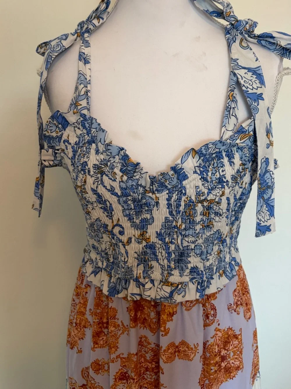 #548 Tulip Creations Blue & Cream Mixed-Print Tiered Maxi Dress with Tie Straps - Picture 2 of 6